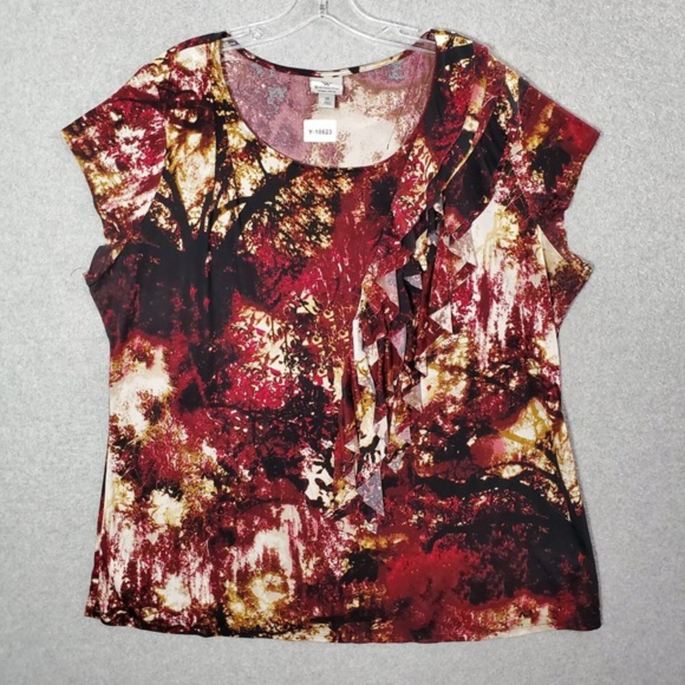 Worthington Women Top 3X Red Blouse Abstract Tie Dye Ruffle Short Sleeve Spandex
